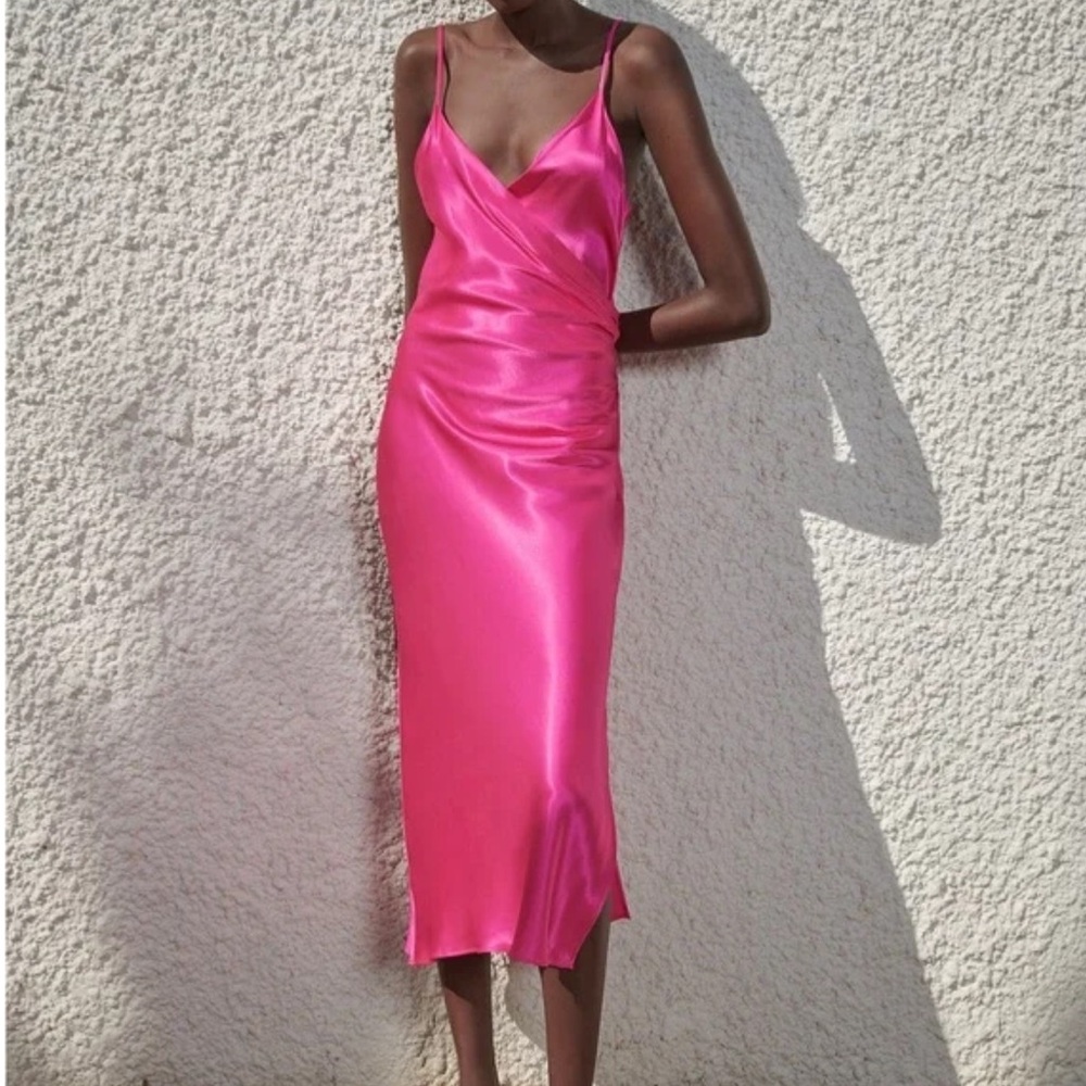 Zara Hot Pink Satin Midi Dress